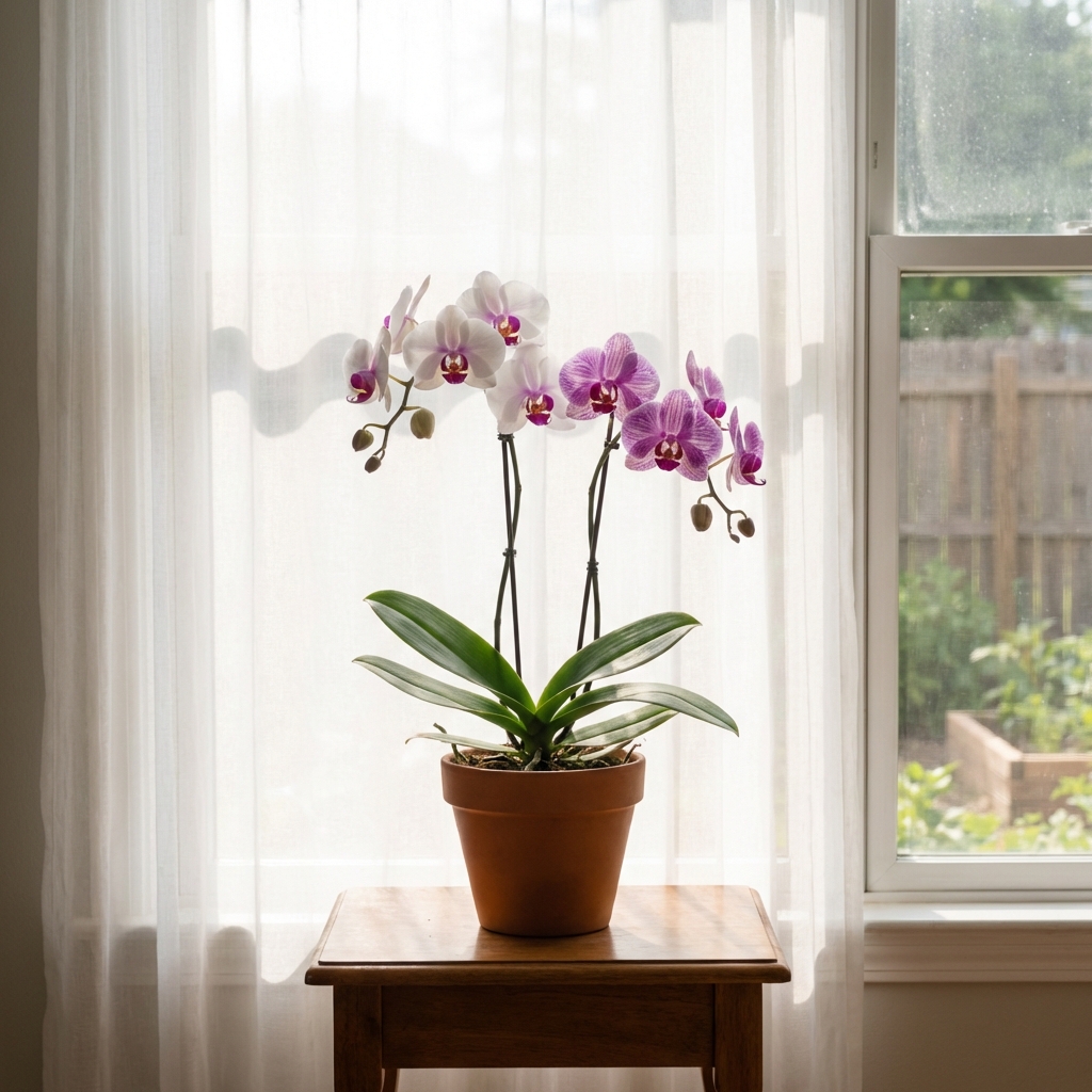 A Phalaenopsis orchid placed a few feet back from a bright south-facing window with a sheer curtain