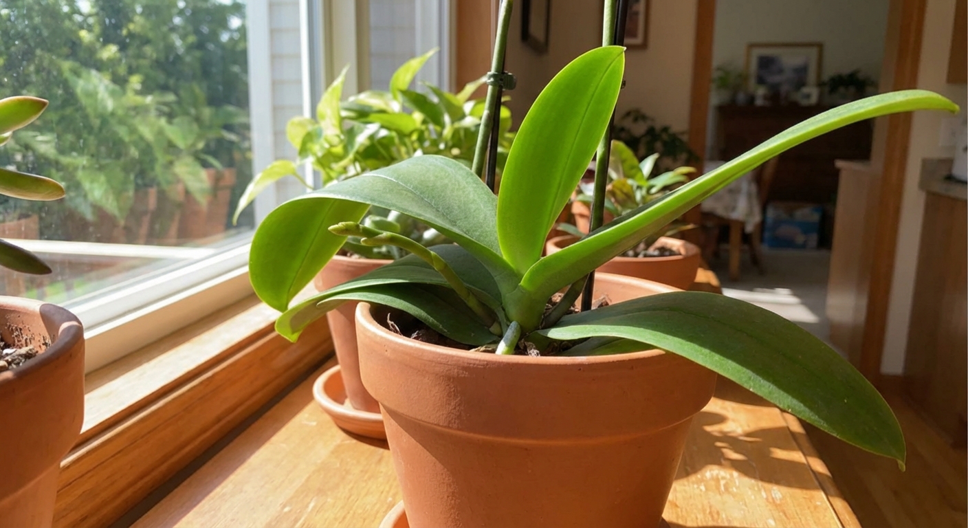 A Phalaenopsis orchid with a new flower spike emerging between leaves in a bright indoor setting