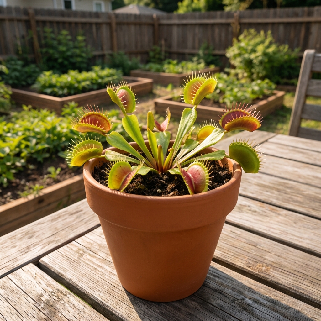 A Venus flytrap growing outdoors in bright sunlight on a patio table