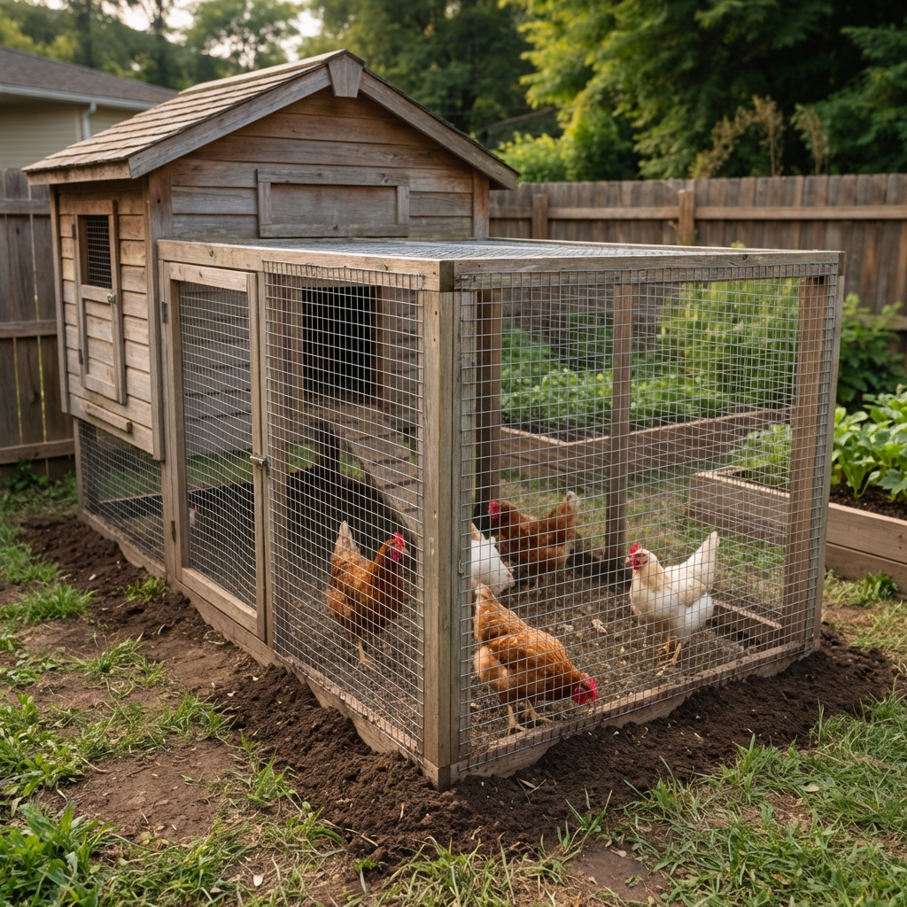 A backyard chicken coop with a secure wire run and buried fencing along the base