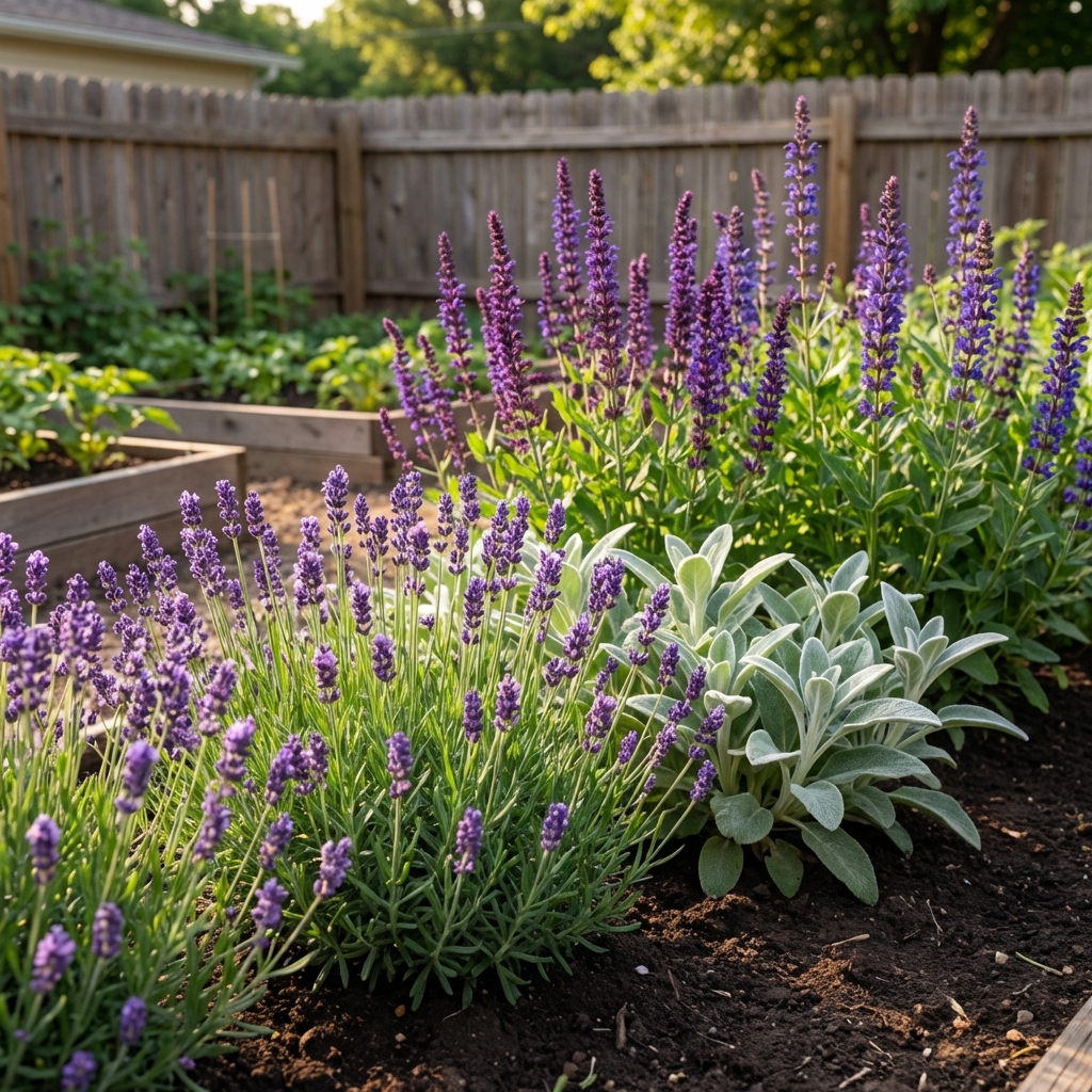 A backyard garden border with a front row of lavender and lamb’s ear and taller salvia planted behind them