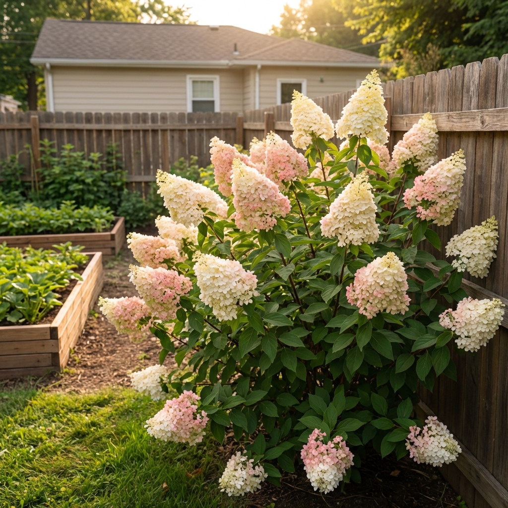 A backyard panicle hydrangea shrub with cone-shaped blooms growing near a fence in summer
