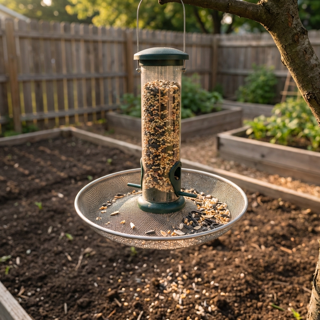 A backyard tube bird feeder hanging above a round seed catcher tray with very little seed on the ground
