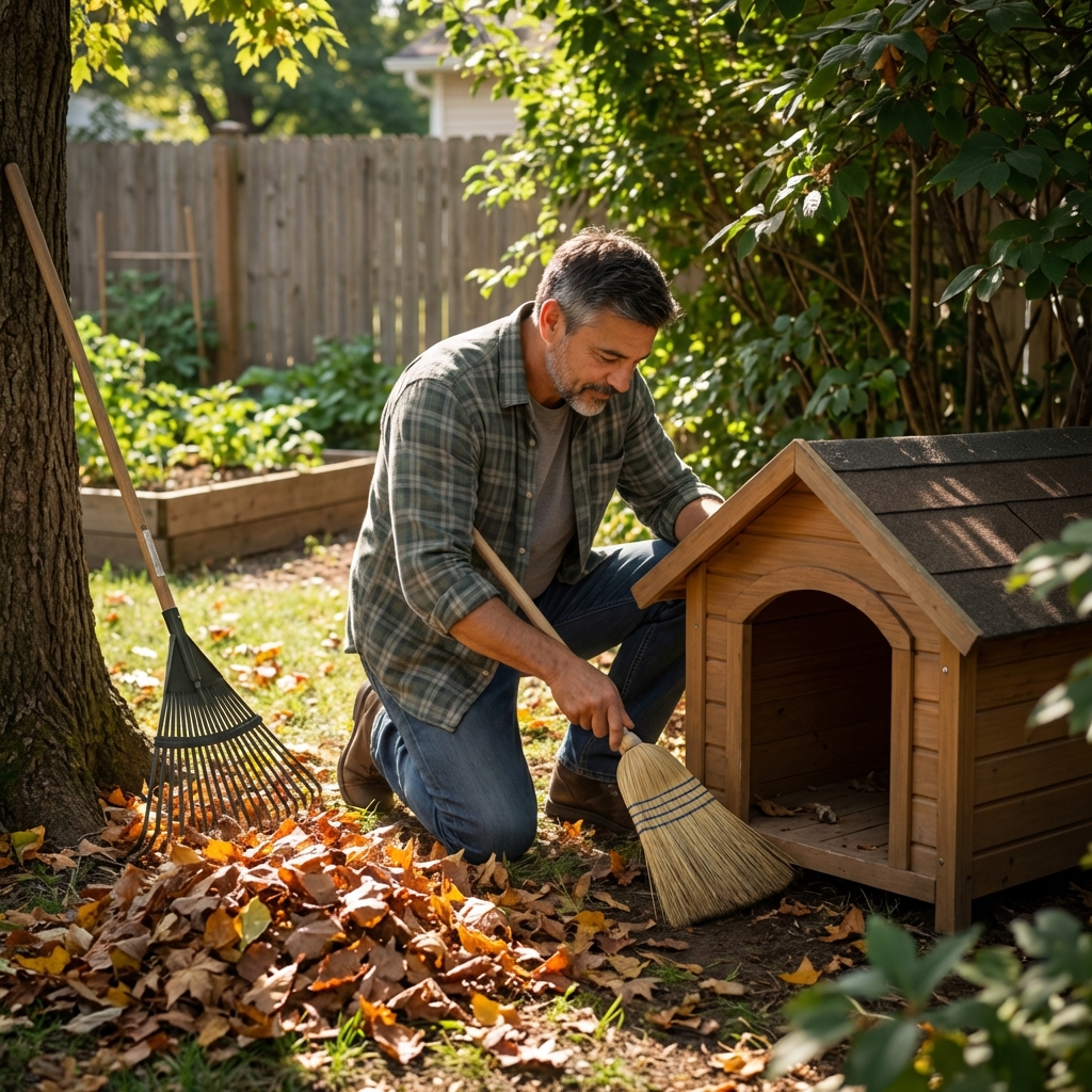 A backyard with a dog house area being cleaned while leaves are raked from shaded ground under shrubs