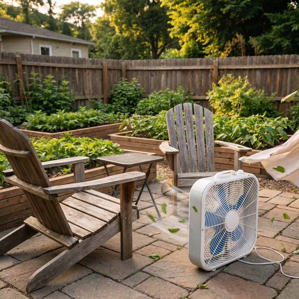 A box fan blowing across a small backyard seating area with two outdoor chairs on a patio