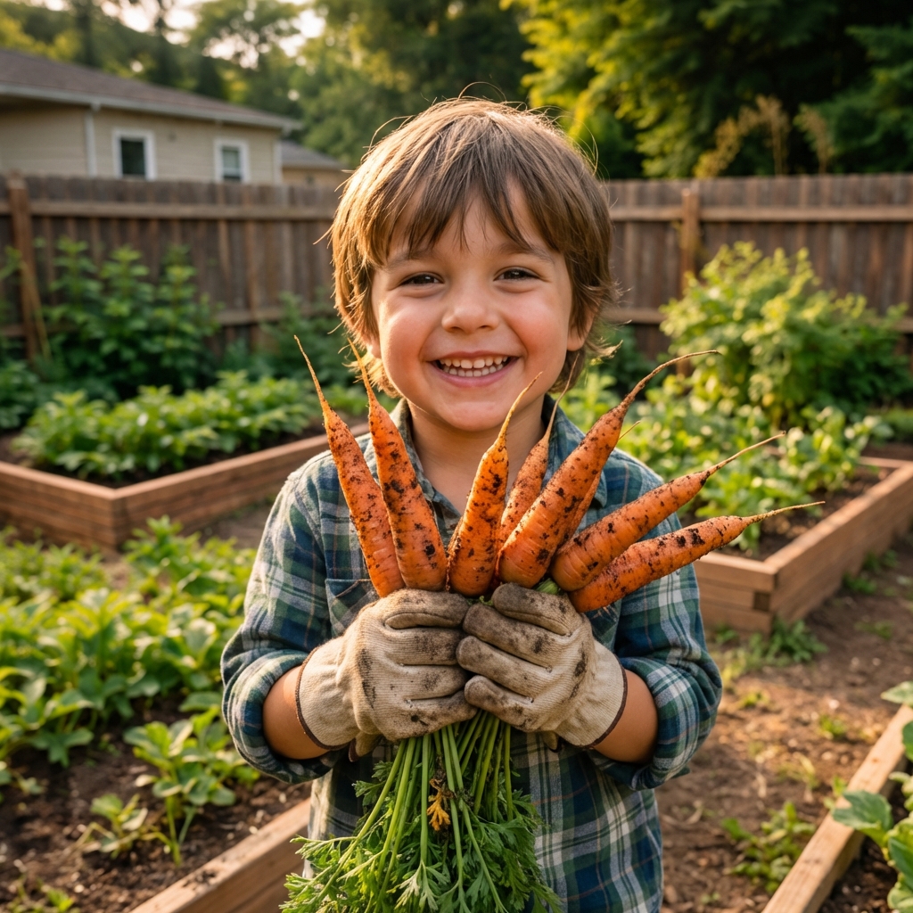 A child wearing gardening gloves holding a freshly harvested bunch of carrots in a sunny garden
