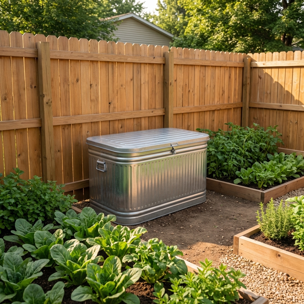 A clean backyard corner with trimmed vegetation, a sealed metal storage bin, and no clutter along a wooden fence