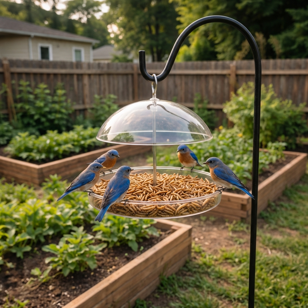 A clear domed mealworm feeder hanging from a shepherd's hook in a backyard