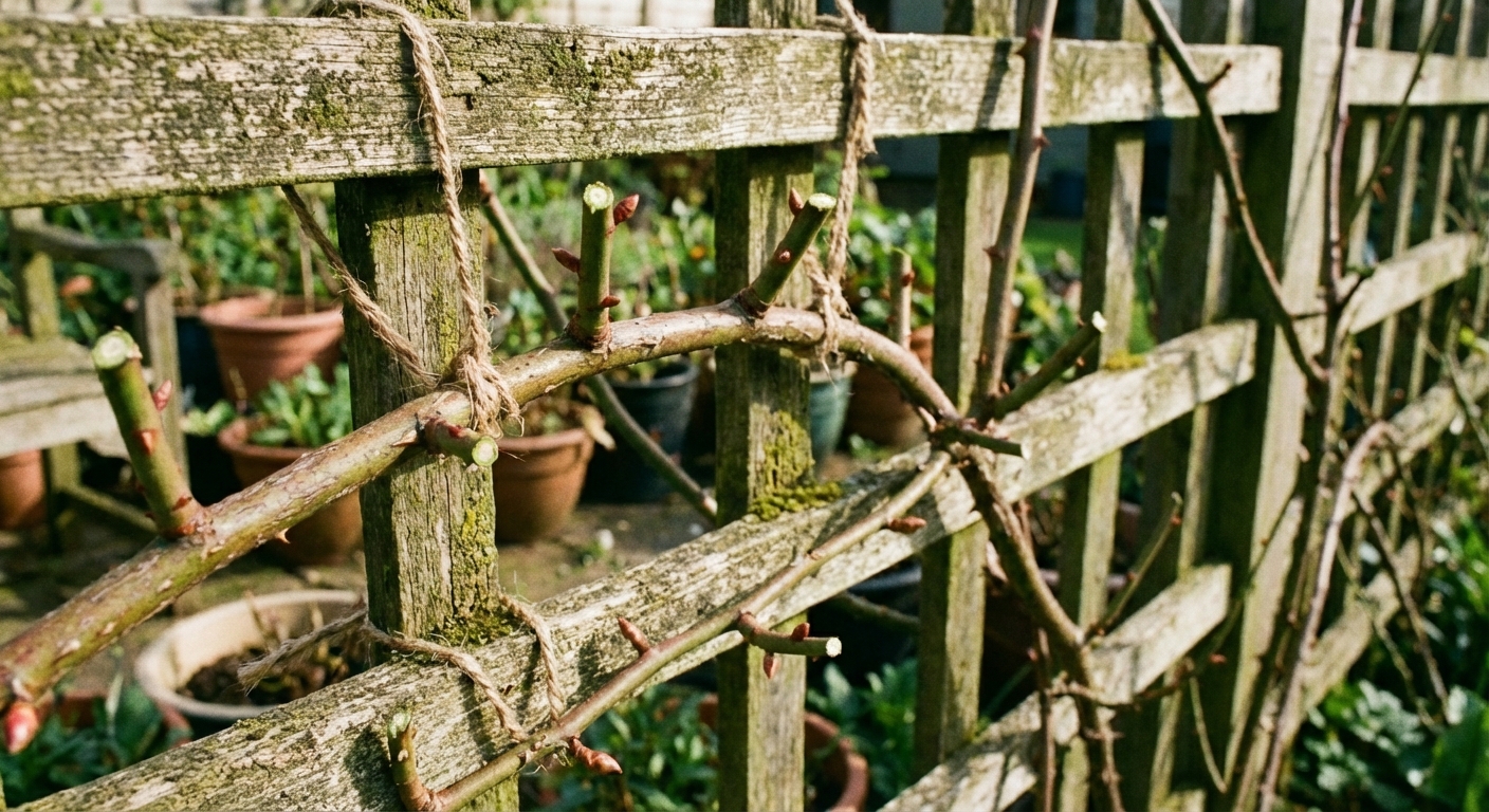 A climbing rose trained along a wooden fence with main canes tied in place and fresh pruning cuts on short side shoots