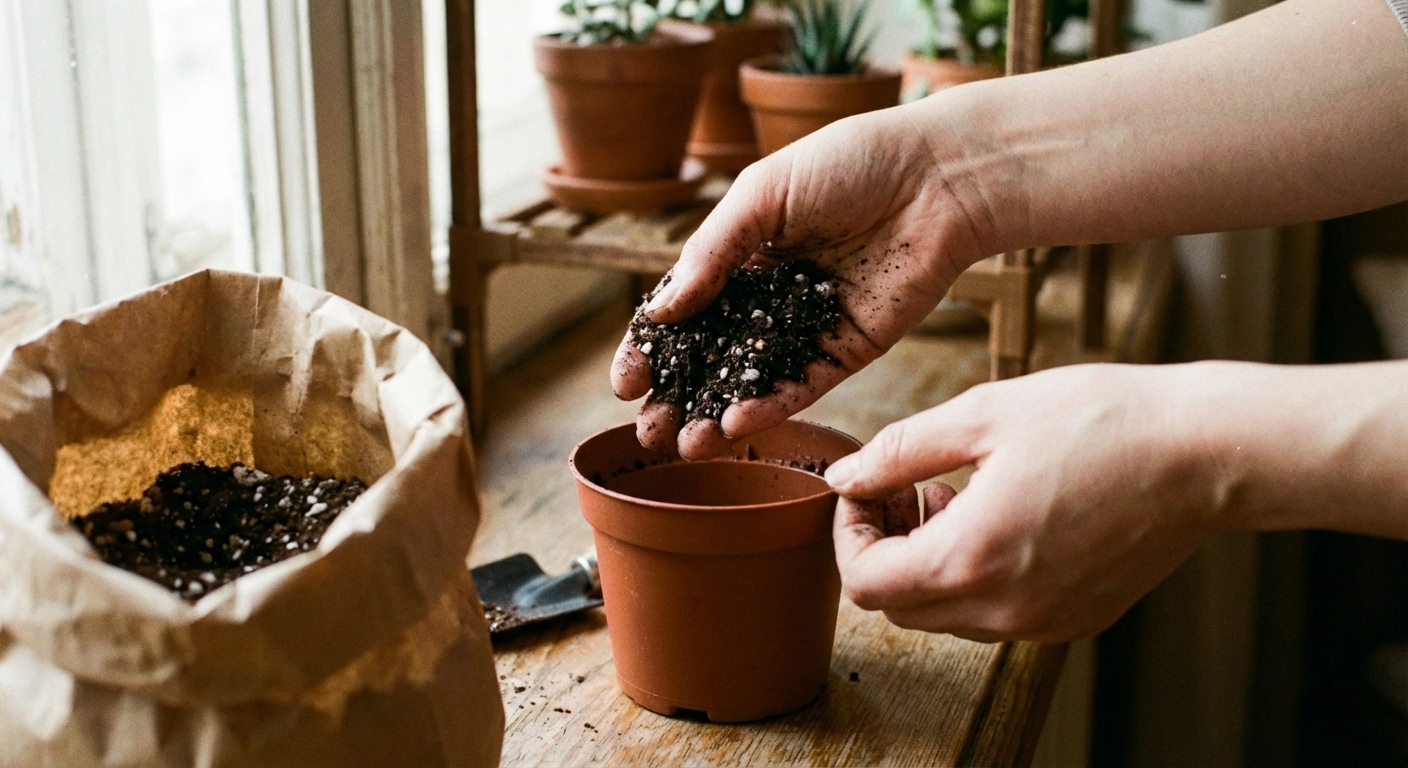 A close-up photo of African violet potting mix being filled into a small plastic nursery pot
