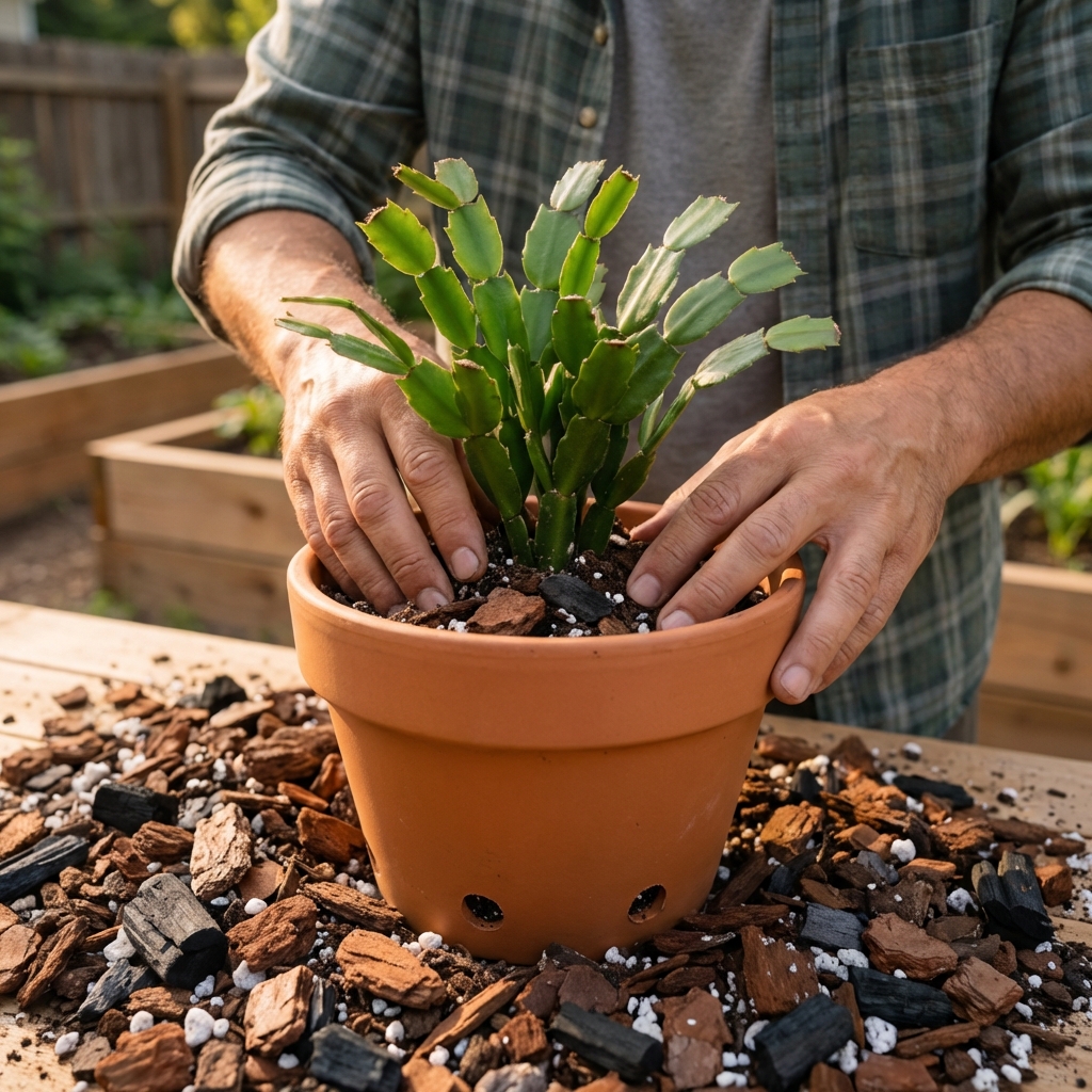 A close-up photo of a Christmas cactus being potted into a container with drainage holes and a chunky potting mix