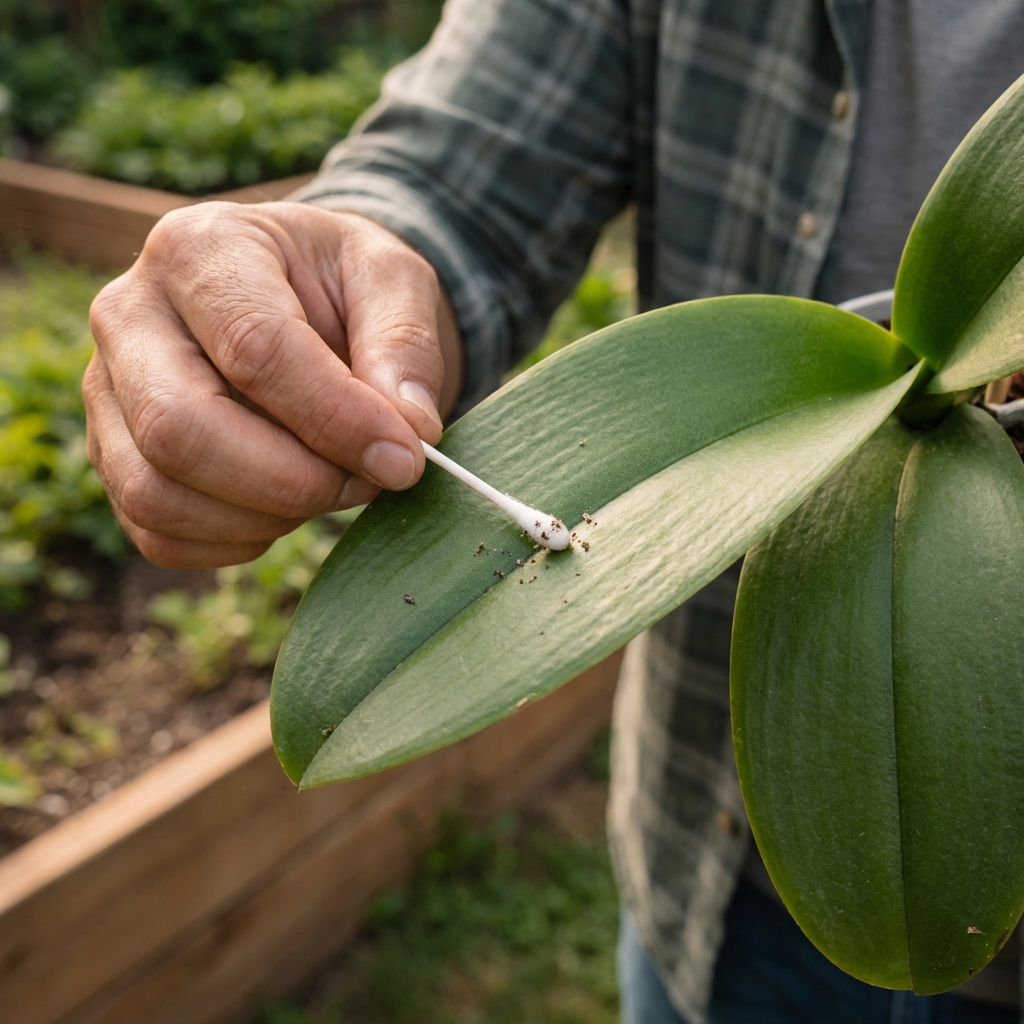 A close-up photo of a Phalaenopsis leaf being wiped with a cotton swab during pest inspection