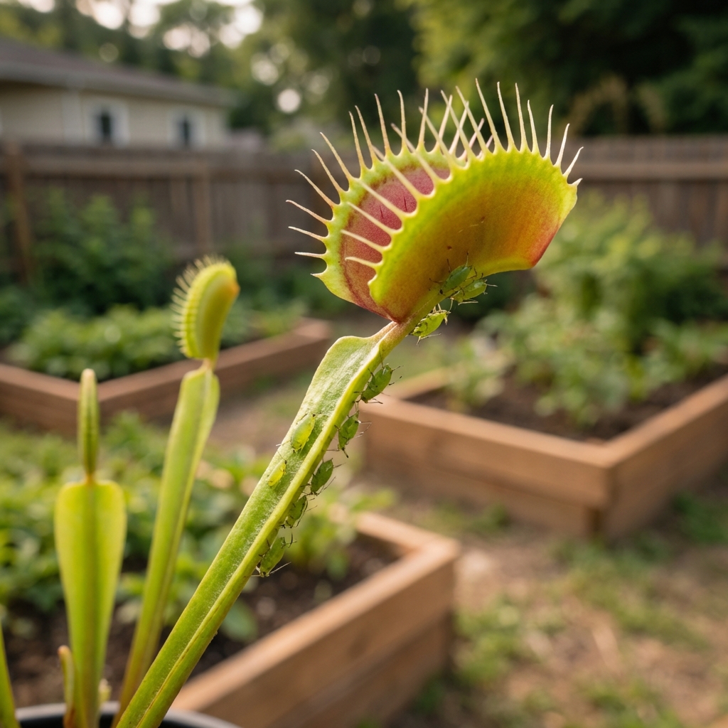 A close-up photo of a Venus flytrap leaf with small green aphids on the stem
