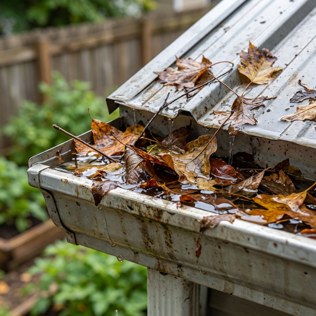 A close-up photo of a clogged roof gutter with leaves and standing water after rain