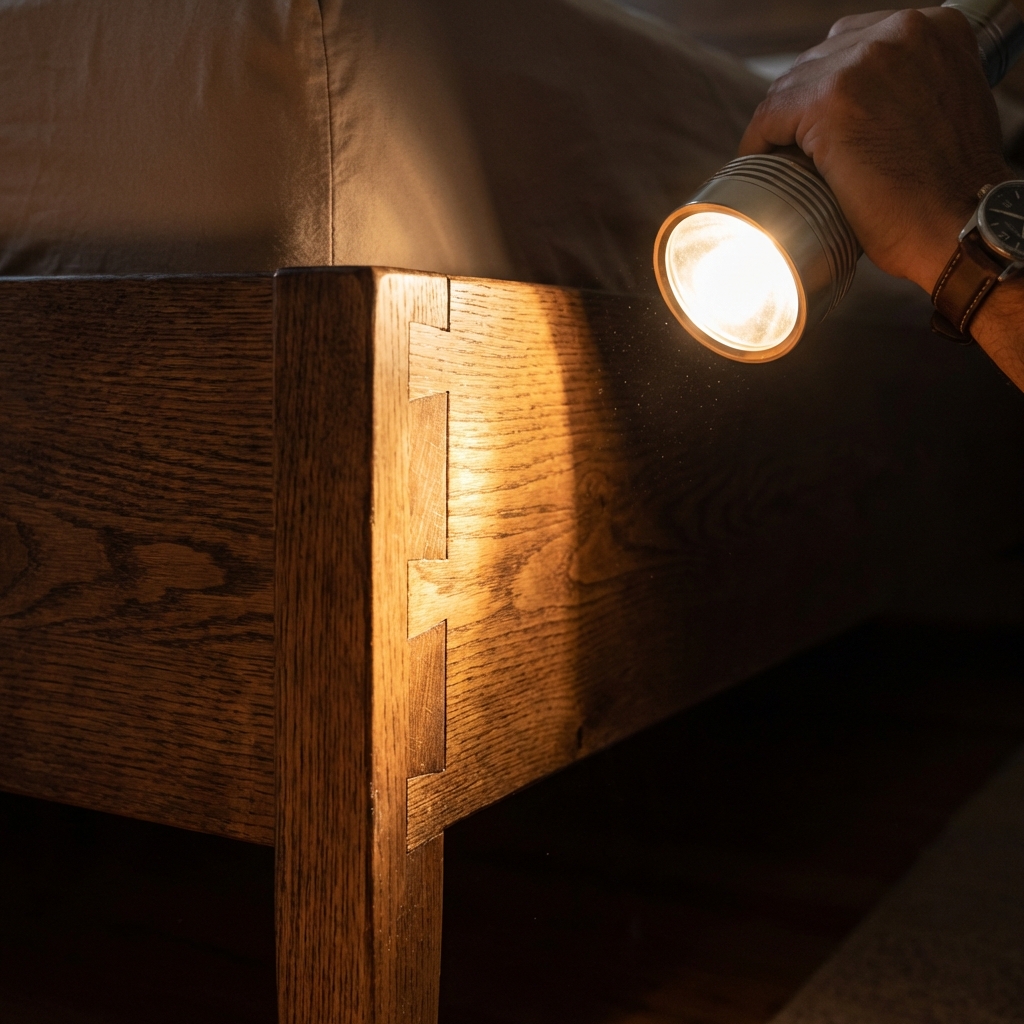 A close-up photo of a flashlight beam aimed into the corner joint of a wooden bed frame