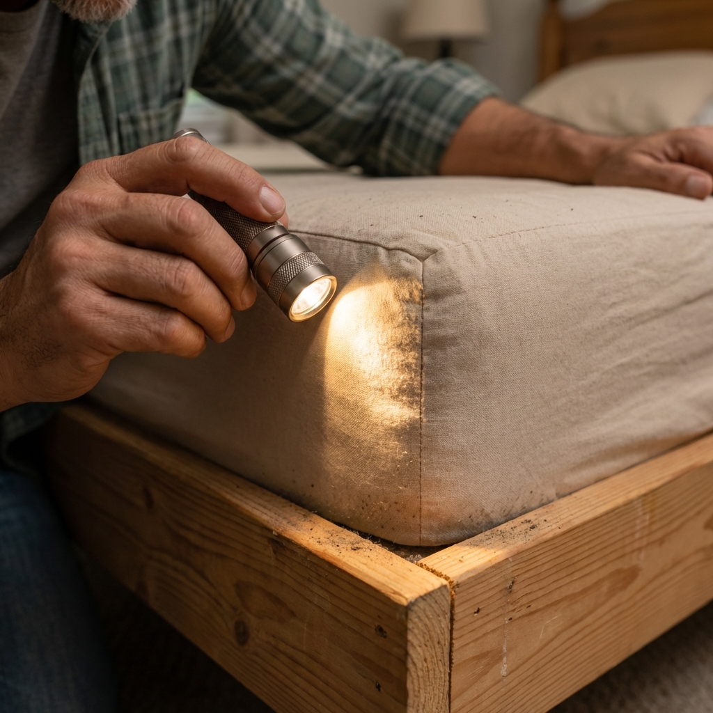 A close-up photo of a flashlight shining along a box spring edge where the fabric meets the wooden frame