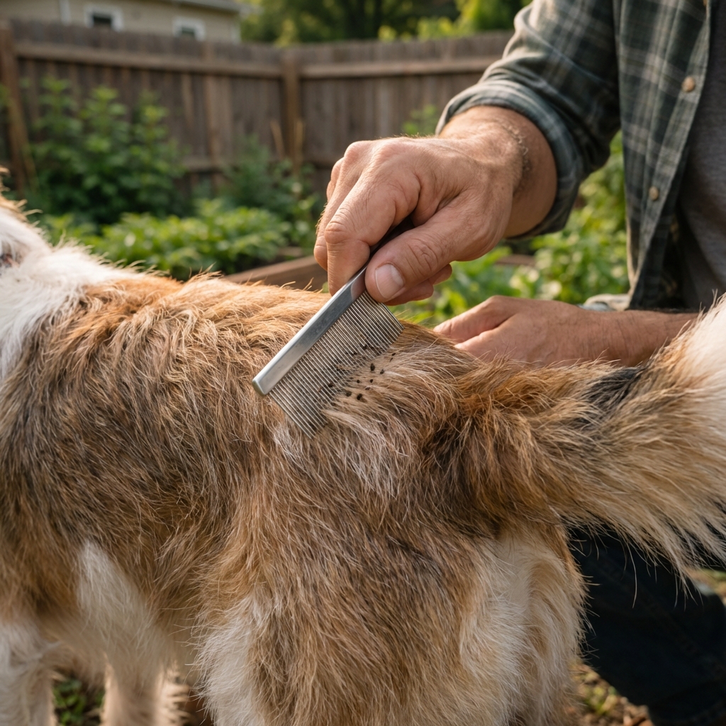 A close-up photo of a flea comb being used on a dog’s fur near the tail