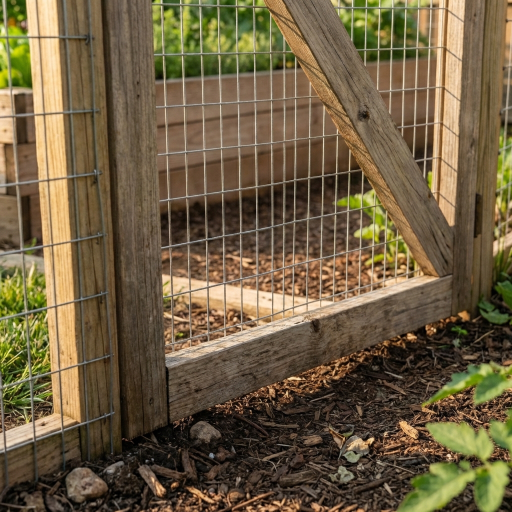 A close-up photo of a garden gate made from wood and wire mesh with a tight fit at the bottom