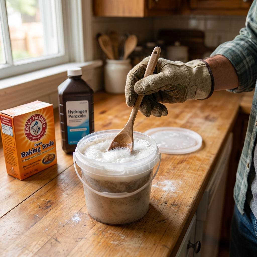 A close-up photo of a gloved hand stirring hydrogen peroxide and baking soda in a small open bucket on a kitchen counter