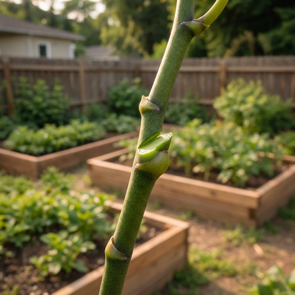 A close-up photo of a green Phalaenopsis flower spike with visible nodes and a clean cut made just above one node