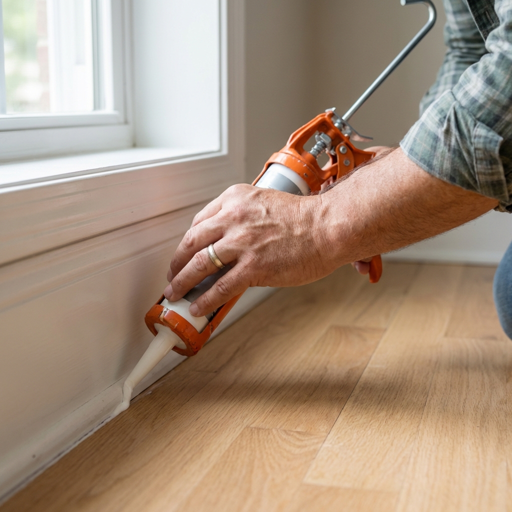 A close-up photo of a hand applying caulk along the gap between a kitchen baseboard and the floor