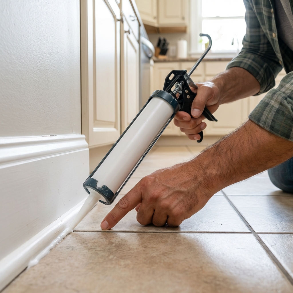 A close-up photo of a hand applying silicone caulk along a baseboard crack in a kitchen