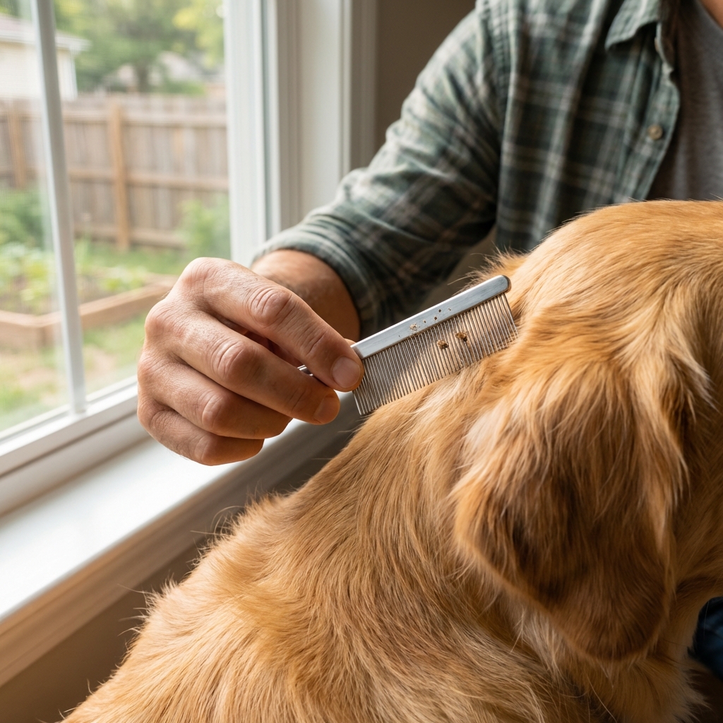 A close-up photo of a hand using a flea comb on a dog’s fur near a window