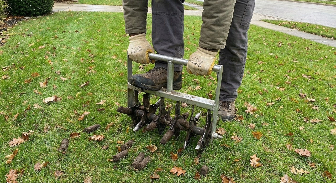 A close-up photo of a manual core aerator pulling soil plugs from a lawn
