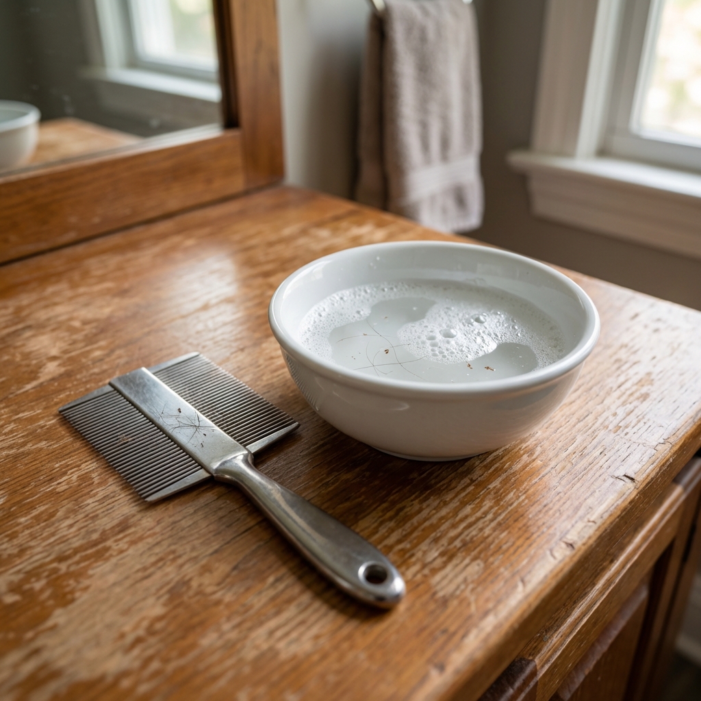 A close-up photo of a metal flea comb next to a small bowl of soapy water on a bathroom counter