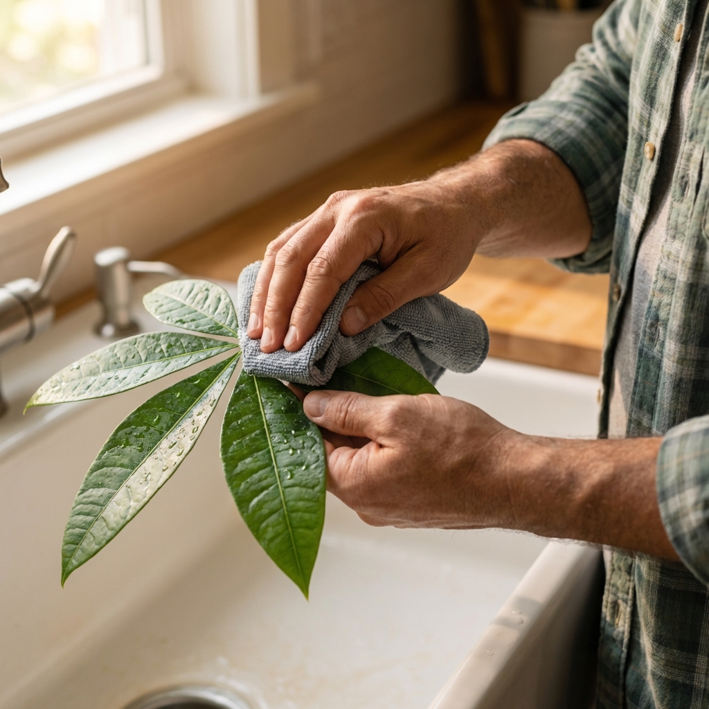 A close-up photo of a money tree leaf being wiped with a damp cloth at a kitchen sink