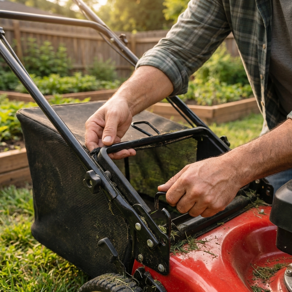 A close-up photo of a mower rear bag frame being seated onto the mower's mounting hooks