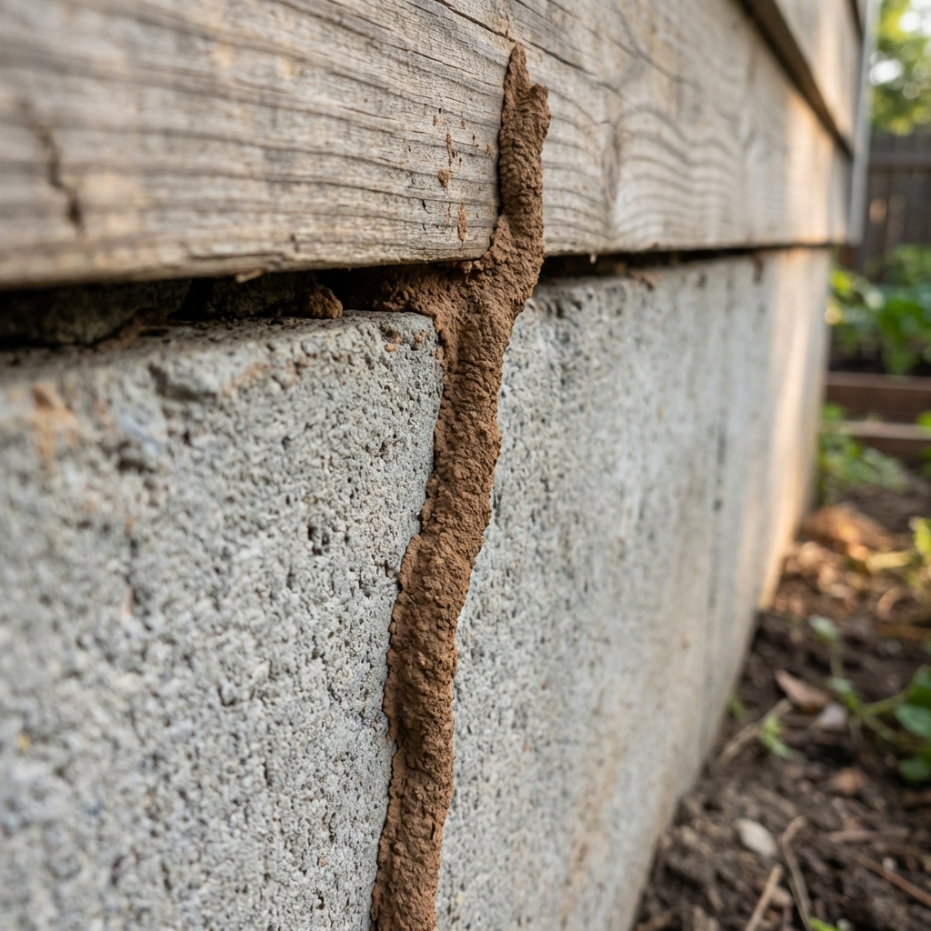 A close-up photo of a mud tube running up a concrete foundation next to a wooden sill plate