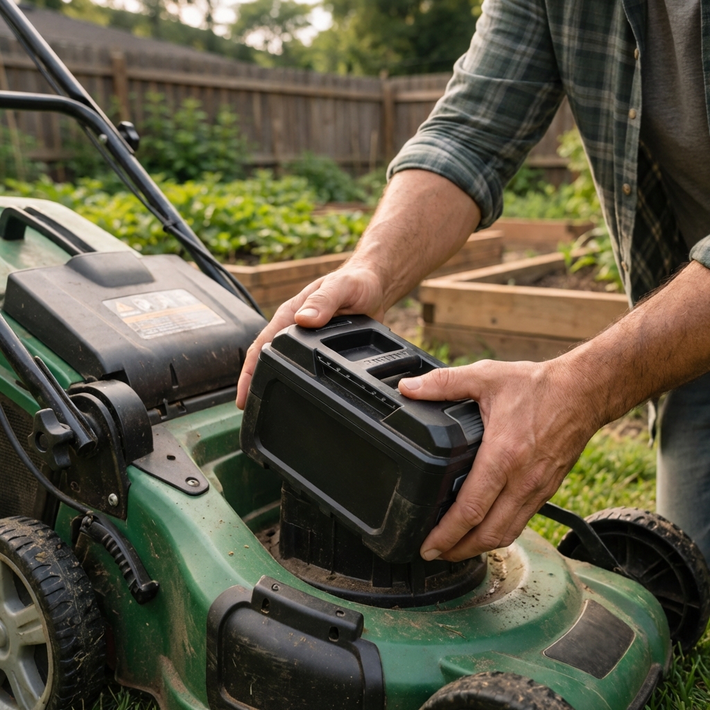A close-up photo of a removable lawn mower battery being slid into its compartment