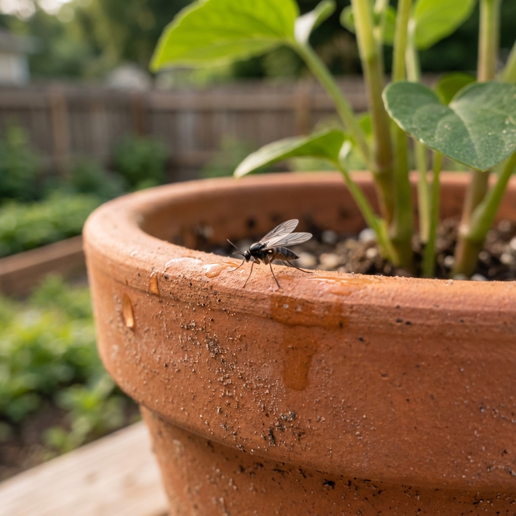 A close-up photo of a small black fungus gnat resting on the rim of a houseplant pot