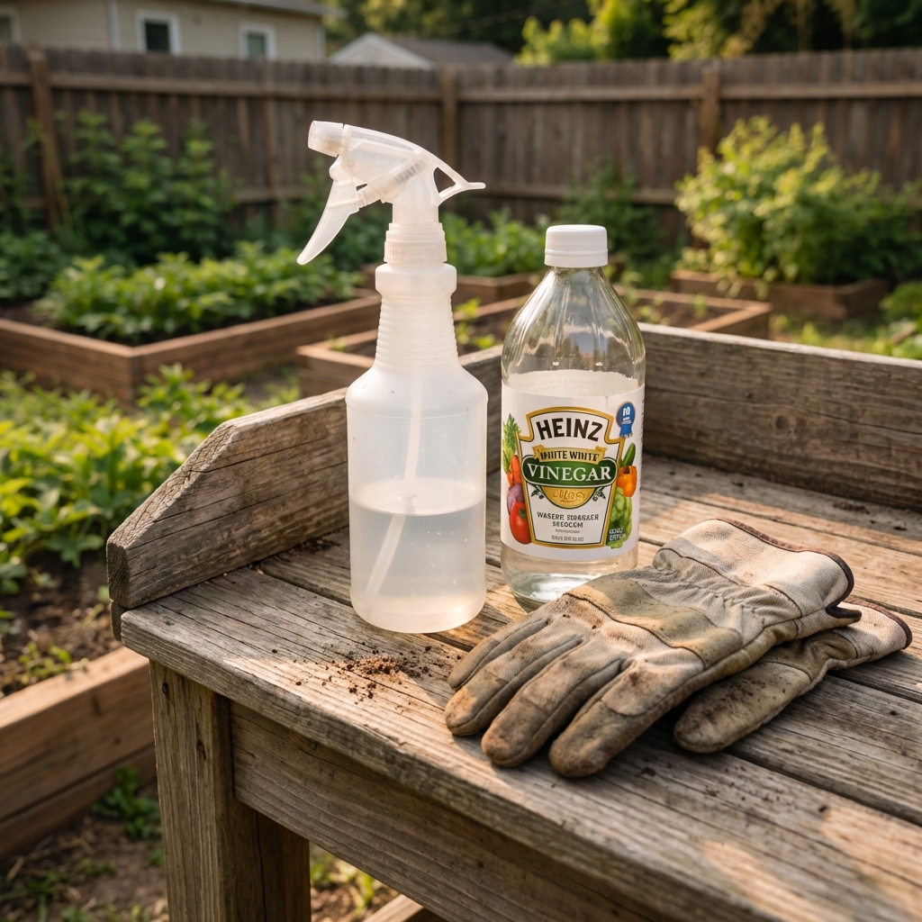 A close-up photo of a spray bottle and white vinegar on an outdoor potting bench with garden gloves nearby