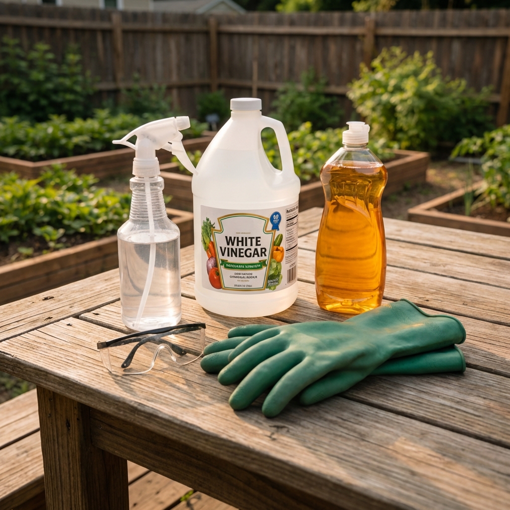 A close-up photo of a spray bottle, white vinegar jug, dish soap, gloves, and safety glasses laid out on an outdoor table