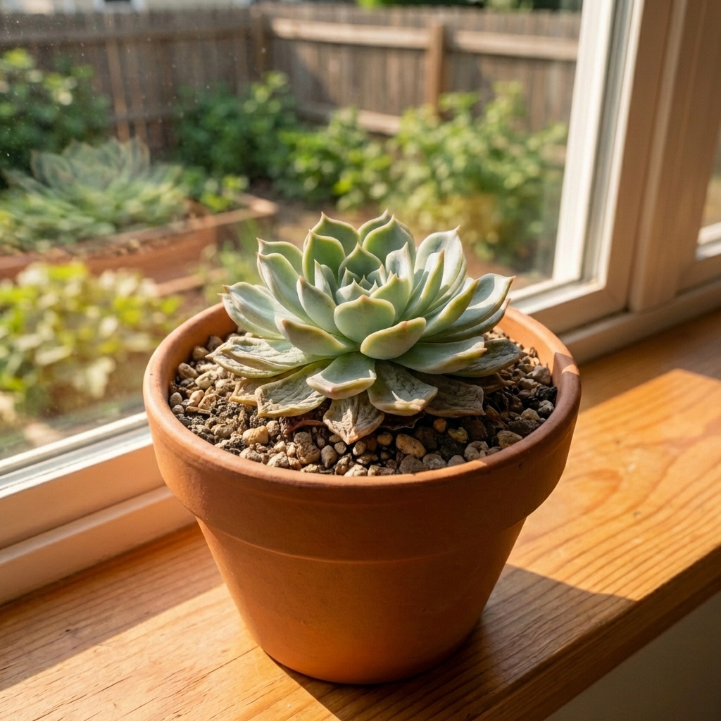 A close-up photo of a succulent with several wrinkled lower leaves and dry soil in the pot