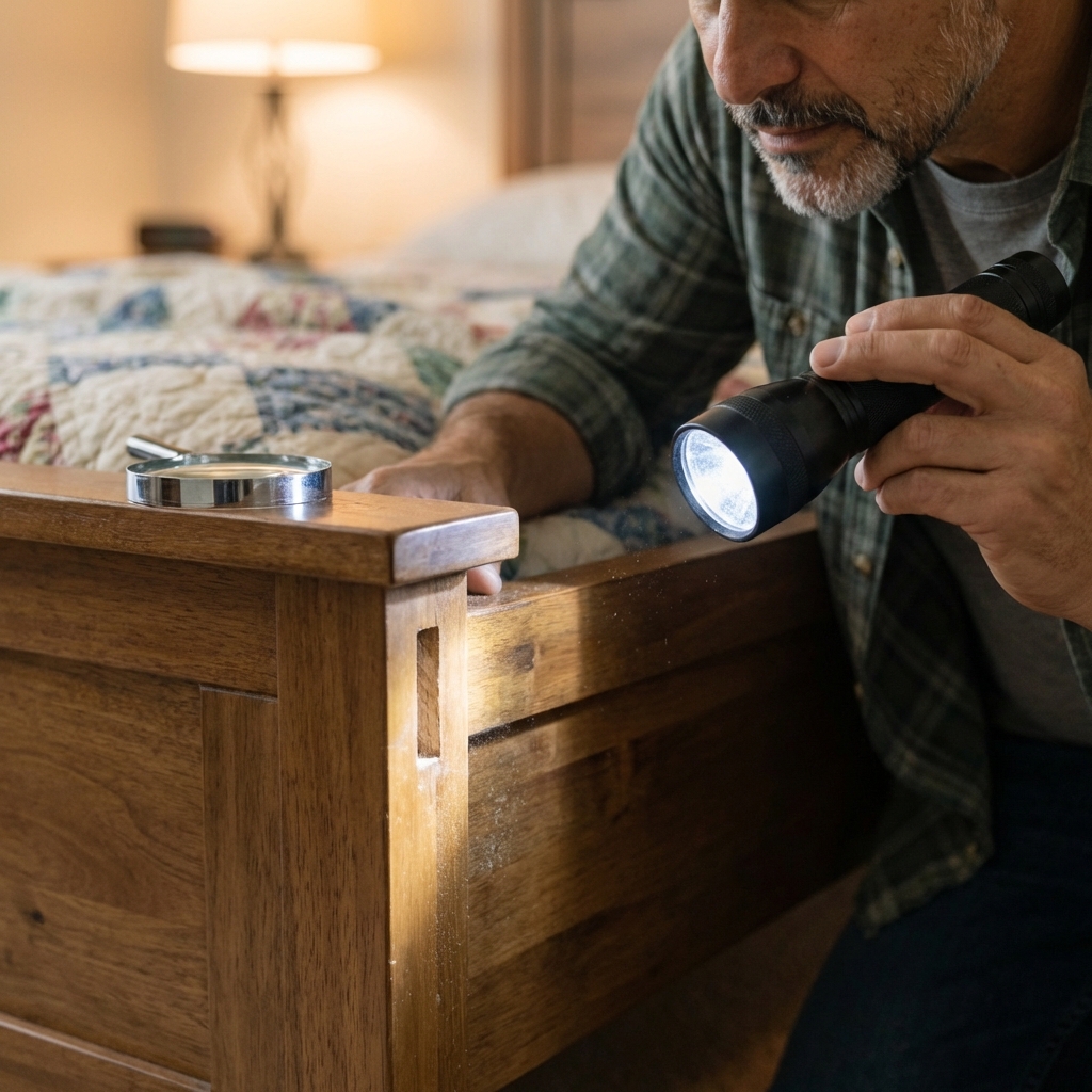 A close-up photo of a wooden bed frame corner joint being examined with a flashlight