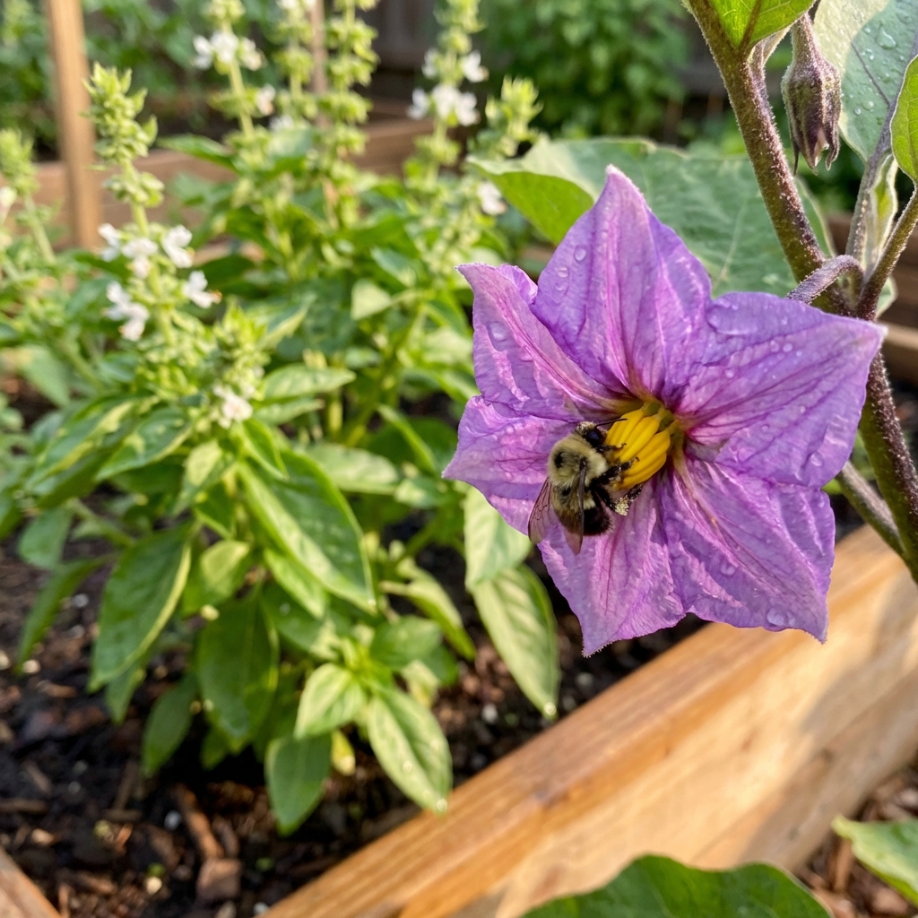 A close-up photo of an eggplant flower with a small bee visiting it while basil blooms nearby