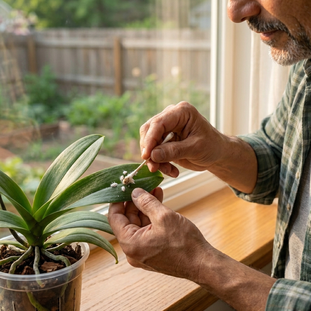 A close-up photo of an orchid leaf being wiped with a cotton swab to remove small mealybugs