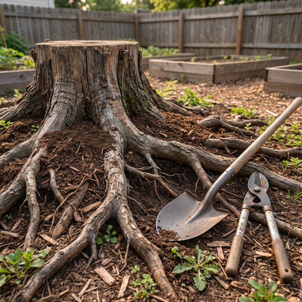 A close-up photo of exposed tree roots around a stump with a shovel and loppers on the ground