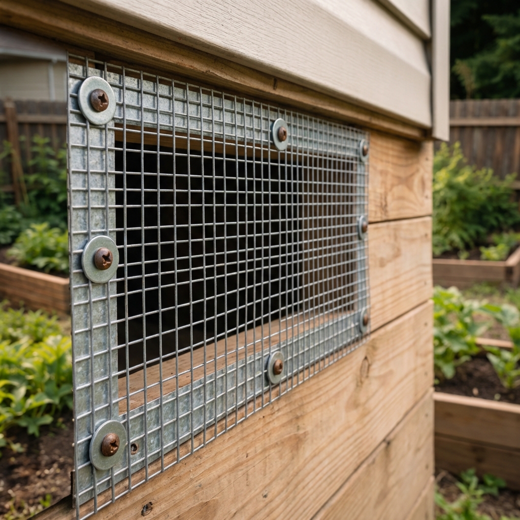 A close-up photo of galvanized hardware cloth secured with screws and washers over a crawlspace vent
