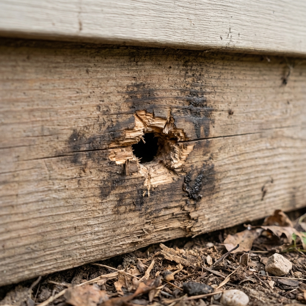 A close-up photo of gnaw marks and dark rub stains near a small hole at the base of an exterior wall