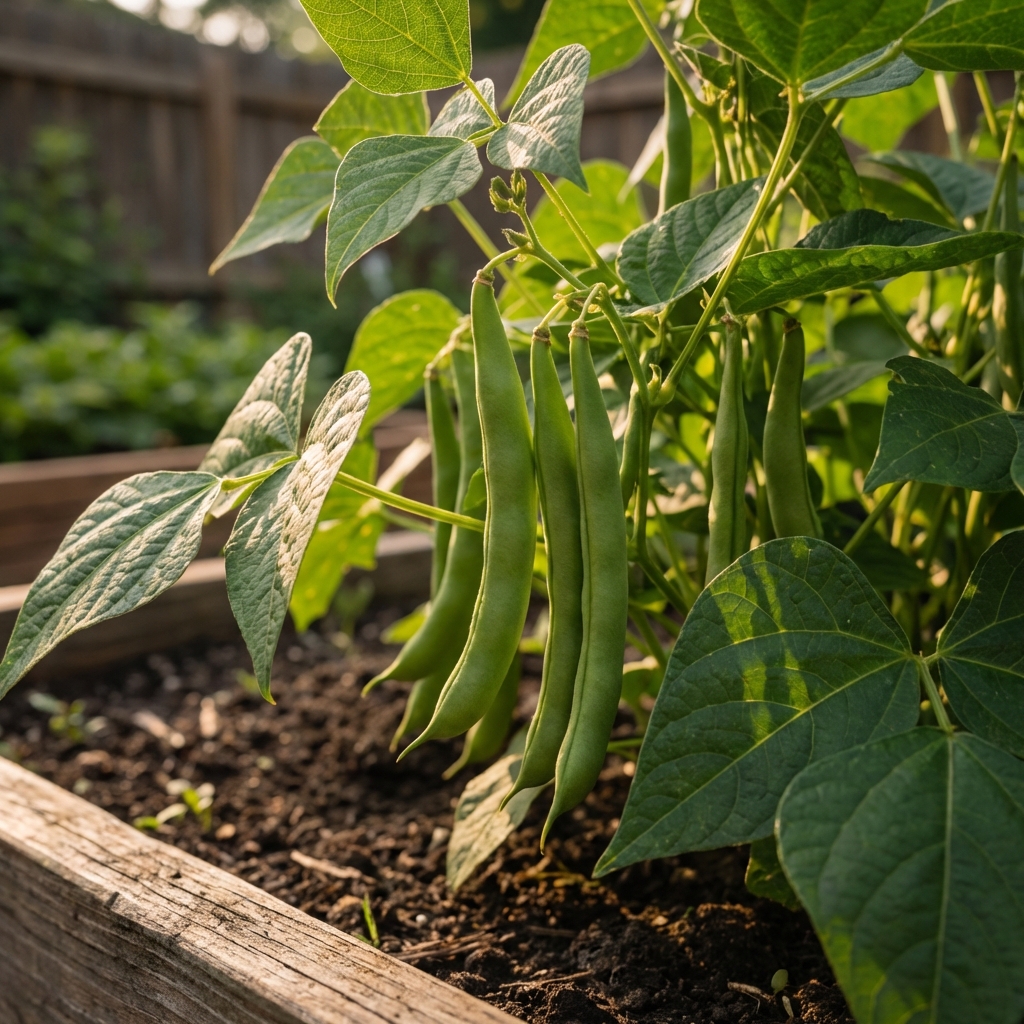 A close-up photo of green bean pods growing on a bush bean plant with leaves in sunlight