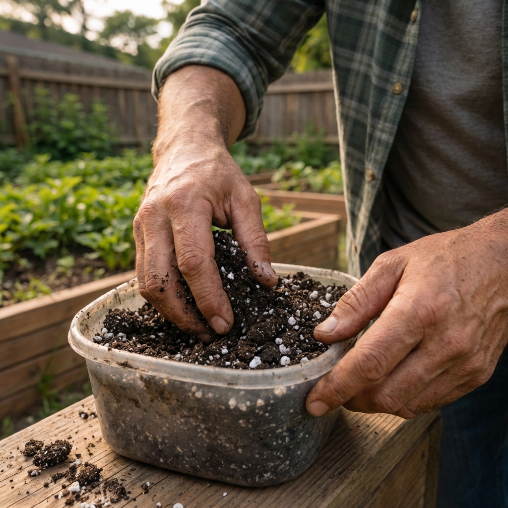 A close-up photo of gritty potting soil with perlite being mixed in a small container