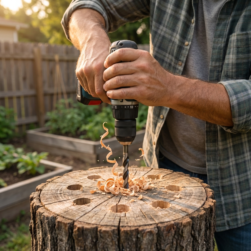 A close-up photo of hands drilling several holes into the top of a tree stump