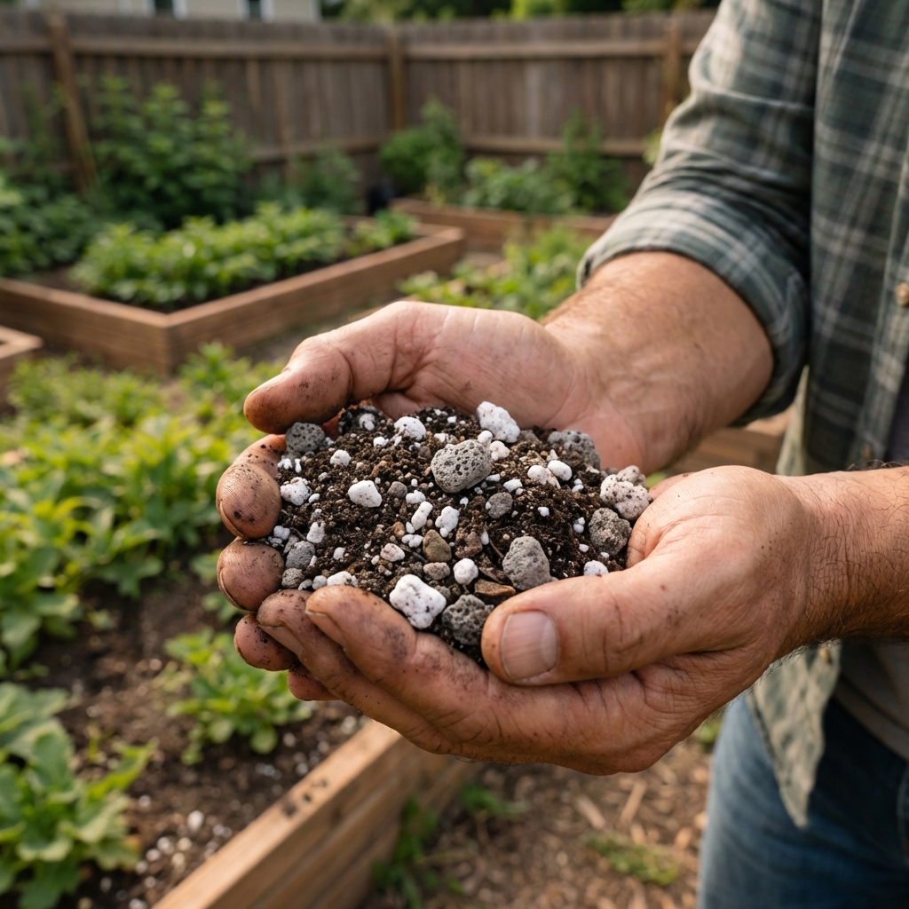 A close-up photo of hands holding a gritty succulent soil mix with visible pumice and perlite
