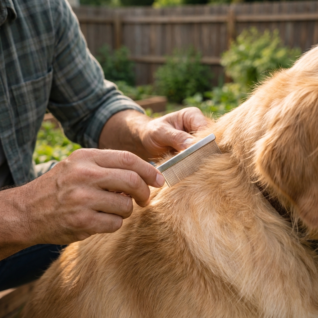 A close-up photo of hands using a flea comb on a dog’s fur outdoors