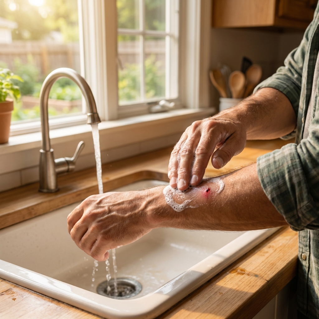 A close-up photo of hands washing a small sting spot on an arm with soap and water at a sink