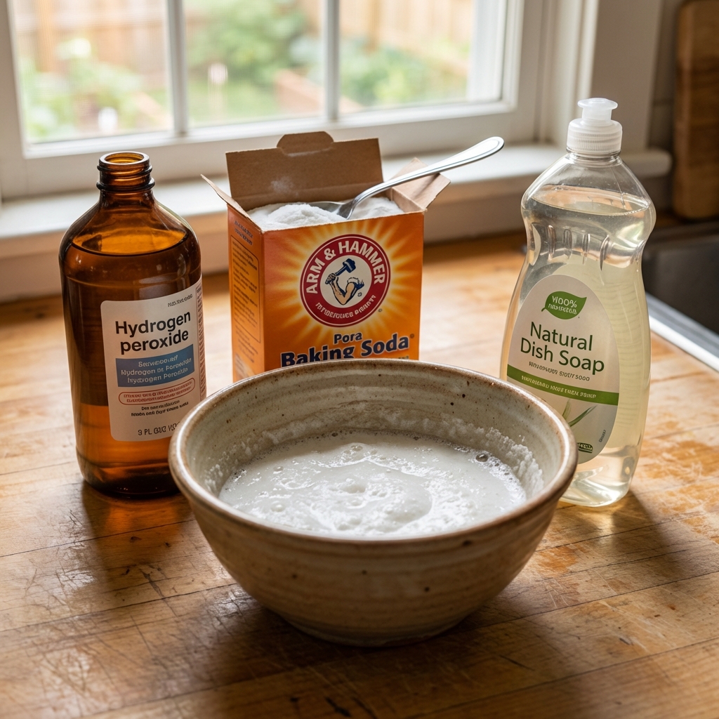 A close up photo of hydrogen peroxide, baking soda, and dish soap on a kitchen counter with a mixing bowl